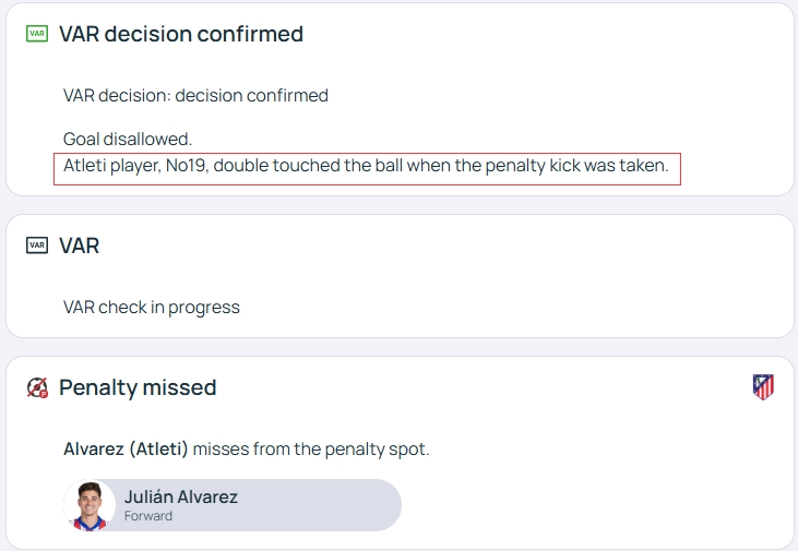  官方明確！歐冠官網(wǎng)：阿爾瓦雷斯罰點(diǎn)時(shí)2次觸球，VAR決定進(jìn)球無(wú)效
